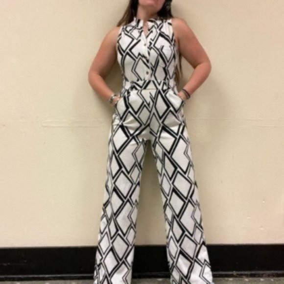 PRICE FIRM Vintage Black White Printed Jumpsuit | Size S/M - Picture 3 of 14